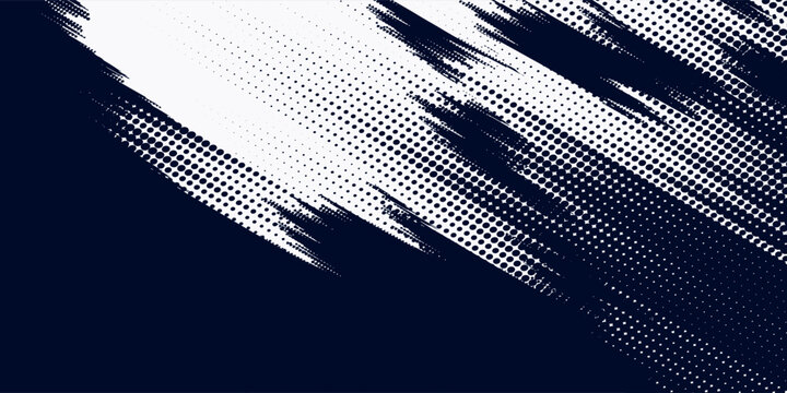 White brush strokes on a navy blue background illustration with a halftone effect Abstract grunge design element for a banner