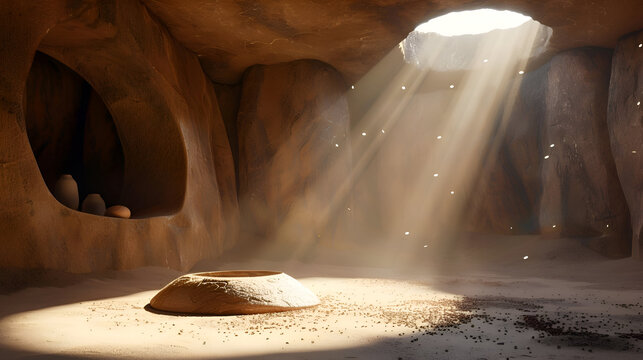 Sunlit ancient cave interior with clay pots and dust particles