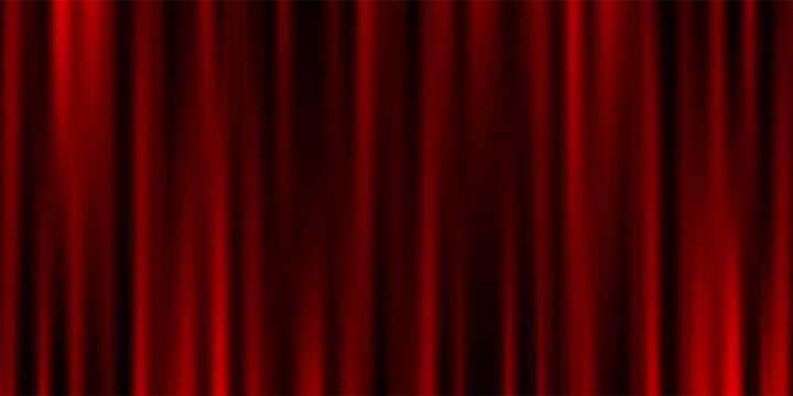 Red velvet curtain background. Closed curtains wallpaper for theater stage or cinema, circus. Red fabric drapery backdrop for award, show, performance. Velvet textile room scene banner concept. Vector