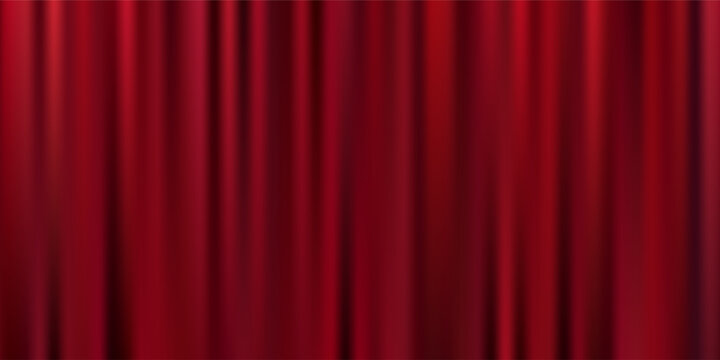 Red velvet curtain background. Closed curtains wallpaper for theater stage or cinema, circus. Red fabric drapery backdrop for award, show, performance. Velvet textile room scene banner concept. Vector