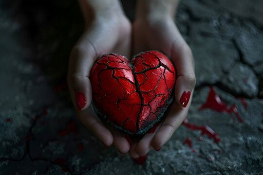 Hands holding cracked red heart symbolizing fragile emotions and love