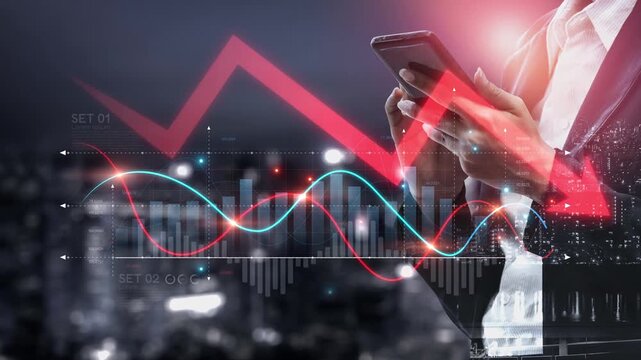 Economic caution visualized with fluctuating market graph, alert symbols, and negative data trends. Represents financial risk, market volatility, and economic uncertainty. Muxer