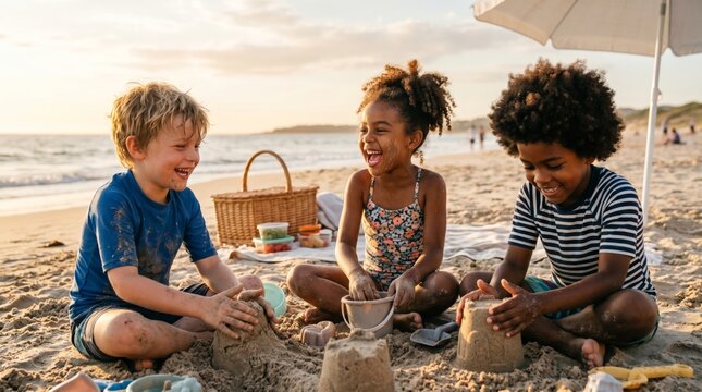 Diverse happy children building sandcastles on a sunny beach picnic summer vacation concept