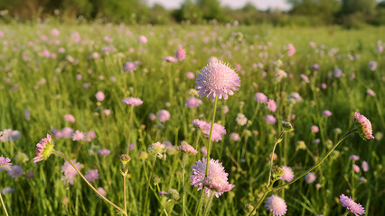 Obraz premium Field of blooming pink scabiosa flowers in a summer meadow at sunset