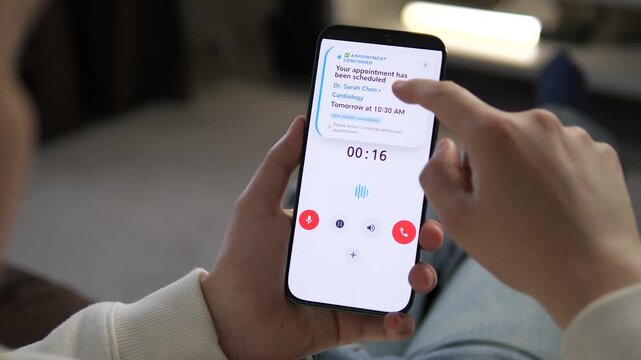 a user receiving an appointment confirmation during a call. The interface shows a scheduled consultation for tomorrow at 10:30 AM. Ideal for illustrating digital health services, clinic management