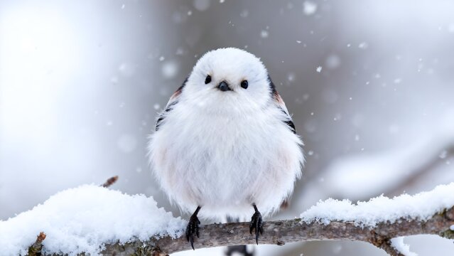 Small white bird perched on snowcovered branch