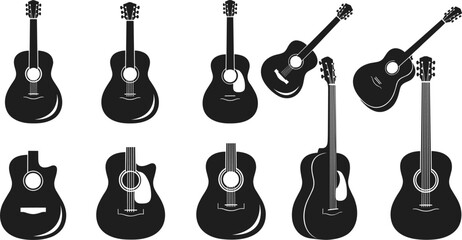 Naklejka premium Acoustic Guitar Silhouette Vector Set Featuring Classical Musical Instruments in Multiple Angles and Positions for Concert Posters, Studio Logos, and Audio Media Elements