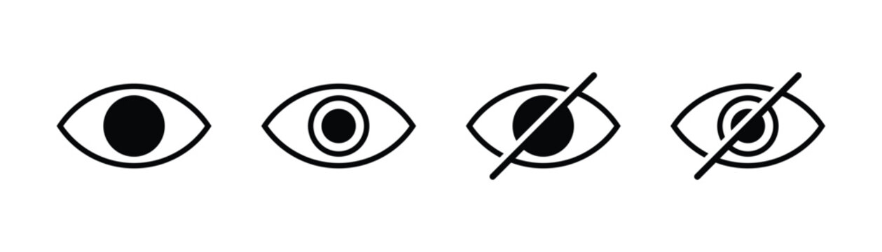 Black visible and invisible eye symbols for show and hide password. Password hide and unhide vector icon.