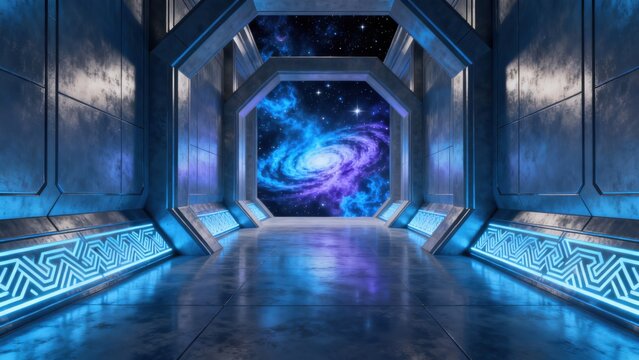 Futuristic corridor with galaxy view