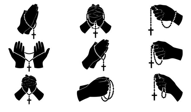 Hands holding rosary silhouettes vector illustration prayer and faith collection isolated on white background