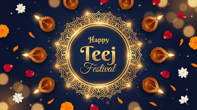 Happy Teej Festival Greeting Banner with Illuminated Diyas Ornate Mandala Frame and Floral Decorations