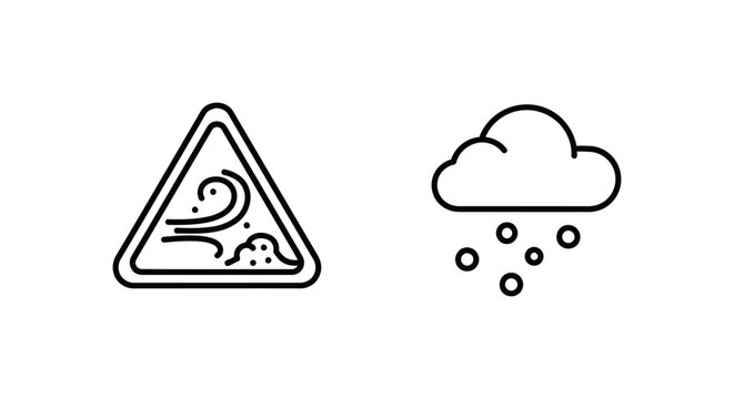 Dust storm alert and airborne dust weather outline icons with pollution environment meteorology particulate particle atmospheric visibility environmental disaster meteorological