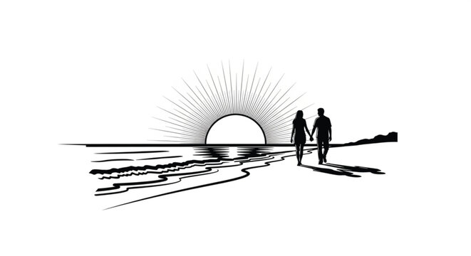 Two People Walking on Beach Sunset.