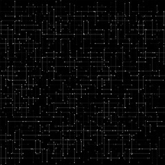 Fototapeta premium An abstract background in black and white, reminiscent of a digital circuit or network structure. Glowing dots and lines form a pattern similar to a microchip or a cyberspace connection map.