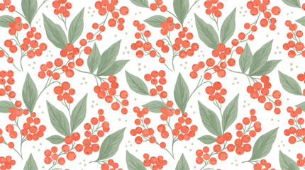 Vector illustration of repeating botanical pattern with red berries and green leaves in decorative nature design © Creative Stoker