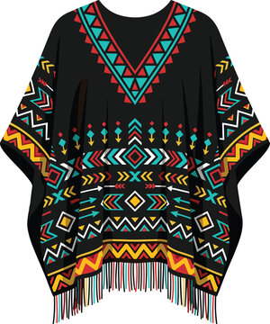 Vector illustration of traditional poncho with colorful geometric patterns including triangles, diamonds, chevrons, and fringes