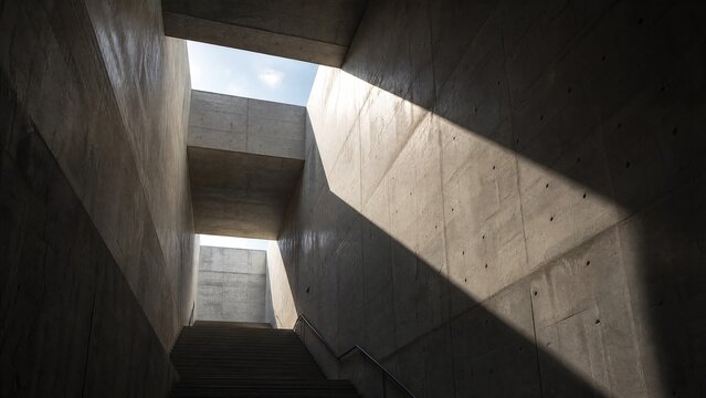 A monumental geometric concrete light well with sharp beams of sunlight.
