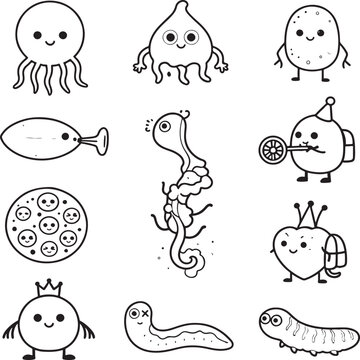 Black and white cute friendly microscopic pond life vector set paramecium amoeba tardigrade hydra biology line art for kids isolated