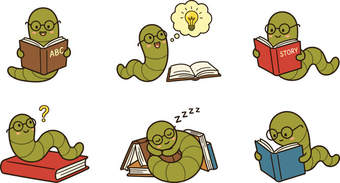 Vector illustration of cartoon bookworm with glasses reading books, thinking, sleeping, and engaging in learning activities