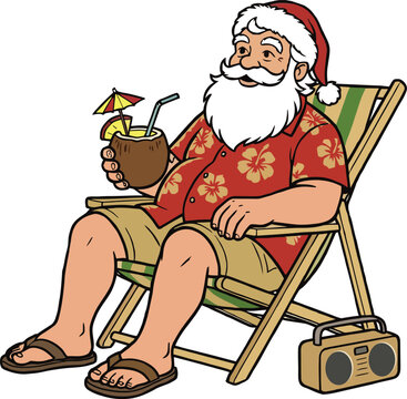 Cartoon santa claus sitting in beach chair with coconut cocktail and radio