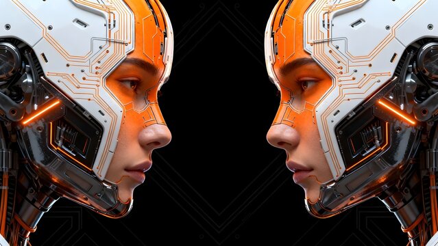 Two futuristic robotic heads facing each other