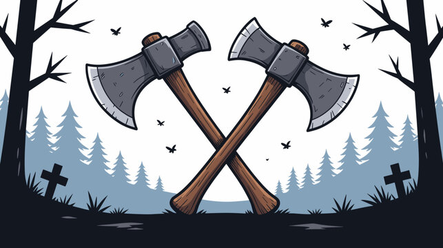 Crossed axes in forest background with gravestones and trees  