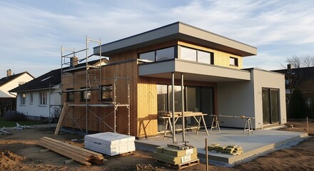 Fototapeta premium Wooden Clad House Extension Build Site With Scaffolding And Lumber