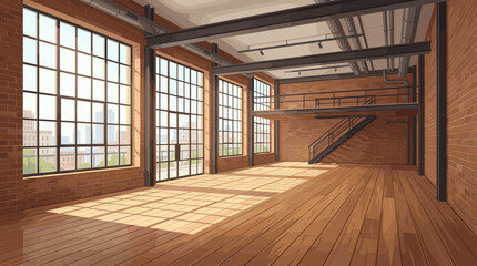 Empty industrial loft room with large windows and wooden floor, loft, room, windows, floor, brick, interior, empty, sunlight, © Александр Михайлюк