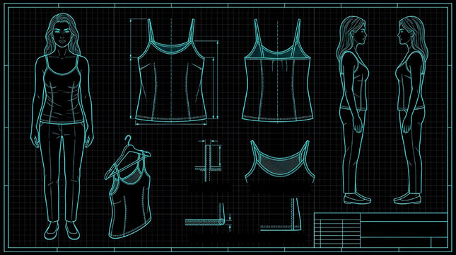Detailed Woman in Camisole Top CAD Fashion Illustration &ndash; Female Figure Wearing Thin Strap Tank Top Multi-View Technical Blueprint Vector Drawing Set with Cyan Outline on Black Background
