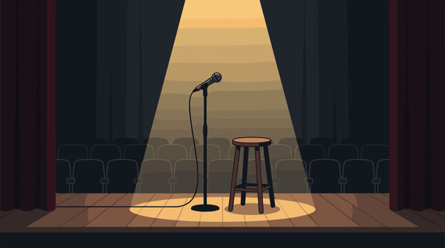 Empty comedy stage with microphone stool and spotlight, stage, microphone, stool, spotlight, performance, comedy, theater, standup