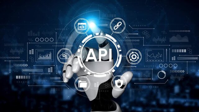 Futuristic Robot Hand Interacting with API Digital Interface and Data Visualization Graphics in High-Tech Background. Entropy.