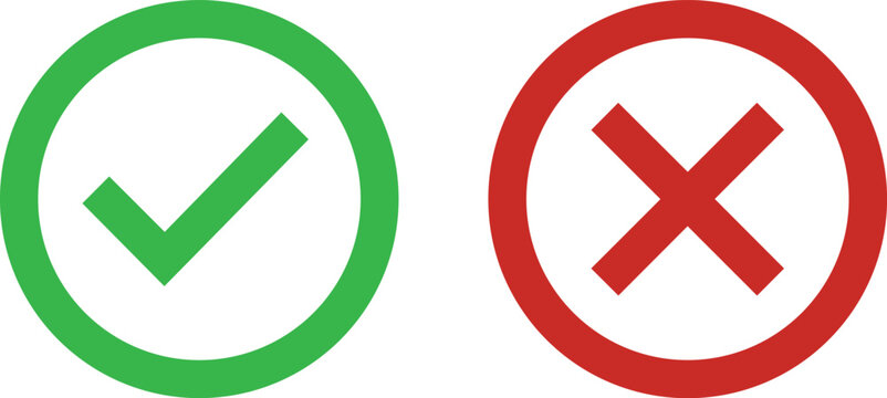 Green check mark and red cross sign icons for business choice survey and evaluation tasks