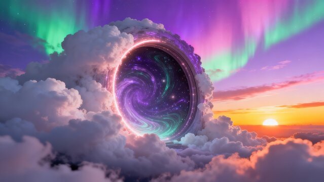 Cosmic portal in sky with aurora