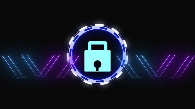 Digital padlock icon with neon blue and purple accents. Cyber digital padlock icon with neon blue for user privacy protection. Secure digital padlock icon with neon blue background.