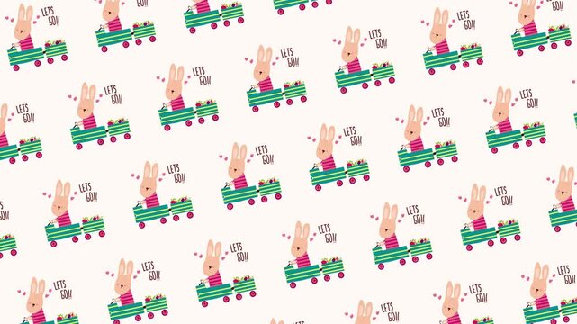 Cute rabbit with vegetables cart seamless pattern looping animation
