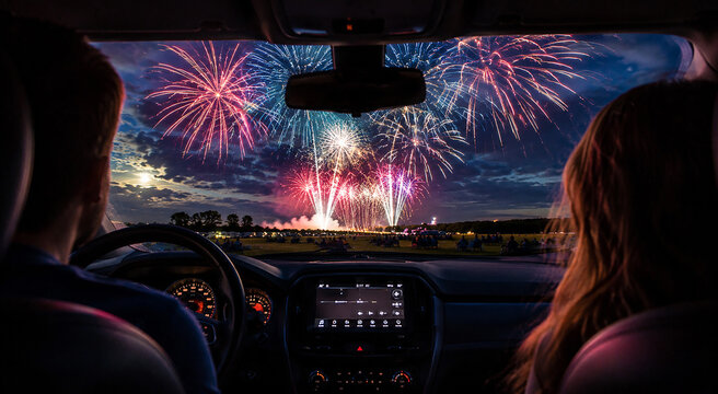 Couple watching fireworks through car windshield during independence day celebration in park at night.
