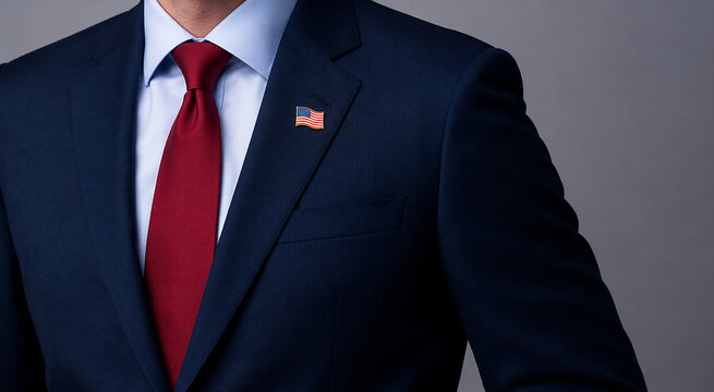 Man in a sharp navy blue suit, light blue dress shirt, and a vibrant red tie with an american flag lapel pin.