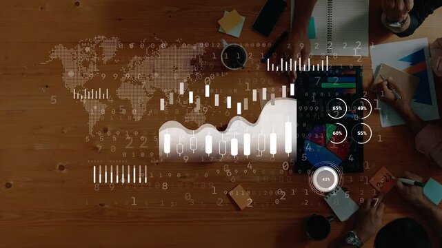 Modern Business Analytics Tools and Team Collaboration in a Creative Office Space with Graphs and Data Visualization on a Wooden Table. Entropy.