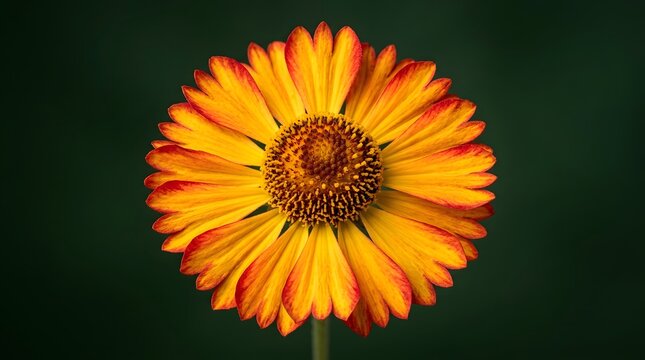 Symmetric Close-Up of a Helenium Flower with Yellow and Orange Petals on Dark Green Background