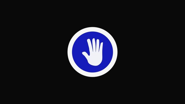 White open hand symbol inside blue circle on black background. Warning white open hand symbol inside blue circle for restriction rules. Simple white open hand symbol inside blue circle.