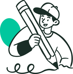 Cartoon boy writing with giant pencil