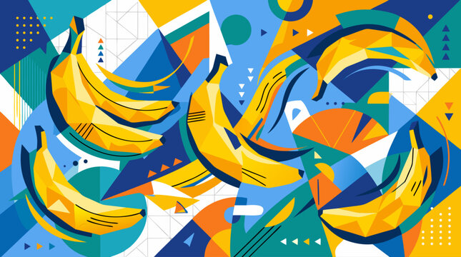 Abstract geometric banana pattern, vibrant cubist fruit illustration, colorful tropical food background in modern pop art style vector