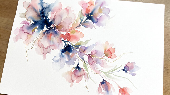 Watercolor Floral Painting with Soft Pink and Indigo Blue Abstract Flowers