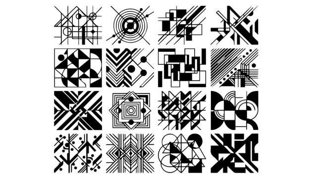 Abstract geometric shapes set, 16 black and white minimalist vector compositions, modern bauhaus style graphic elements for branding and web design