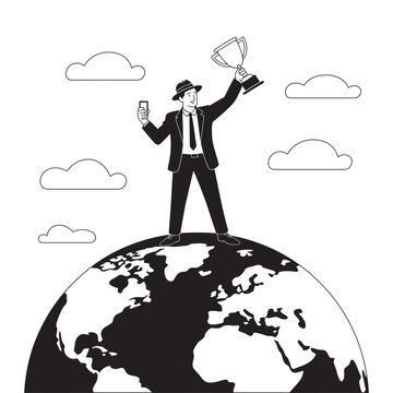 Silhouette illustration businessman standing on globe, world domination concept with trophy and smartphone for business success design