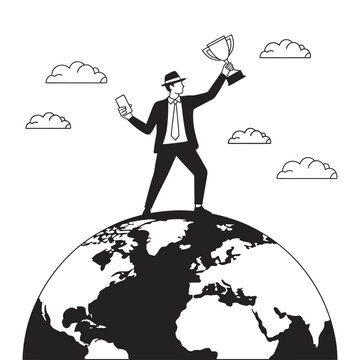 Silhouette illustration businessman standing on globe, world domination concept with trophy and smartphone for business success design