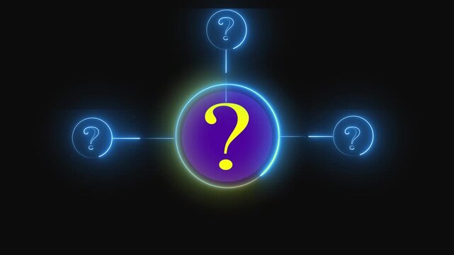 Central yellow question mark in purple circle with symbols. Creative central yellow question mark in purple circle for information kiosks. Modern central yellow question mark in purple circle.