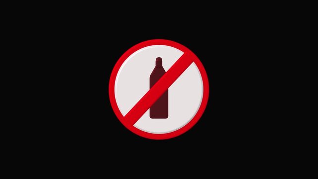 No alcohol symbol with bottle inside red circle on black. Regulatory no alcohol symbol with bottle inside red circle for public zones. Official no alcohol symbol with bottle inside red circle.