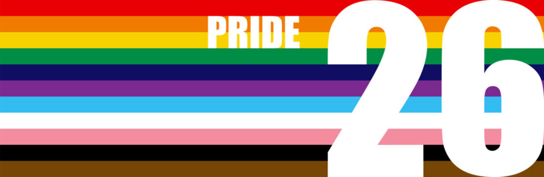 Pride 2026 Rainbow Flag LGBTQIA+ Banner. Equality, Inclusivity. Gay Pride template with LGBT Flag sign. Pride Month. Colorful design element frame border vector background