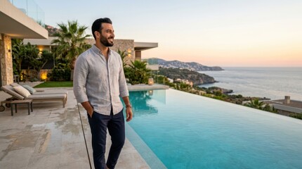 Obraz premium Man in casual attire enjoying a sunset by an infinity pool overlooking the ocean